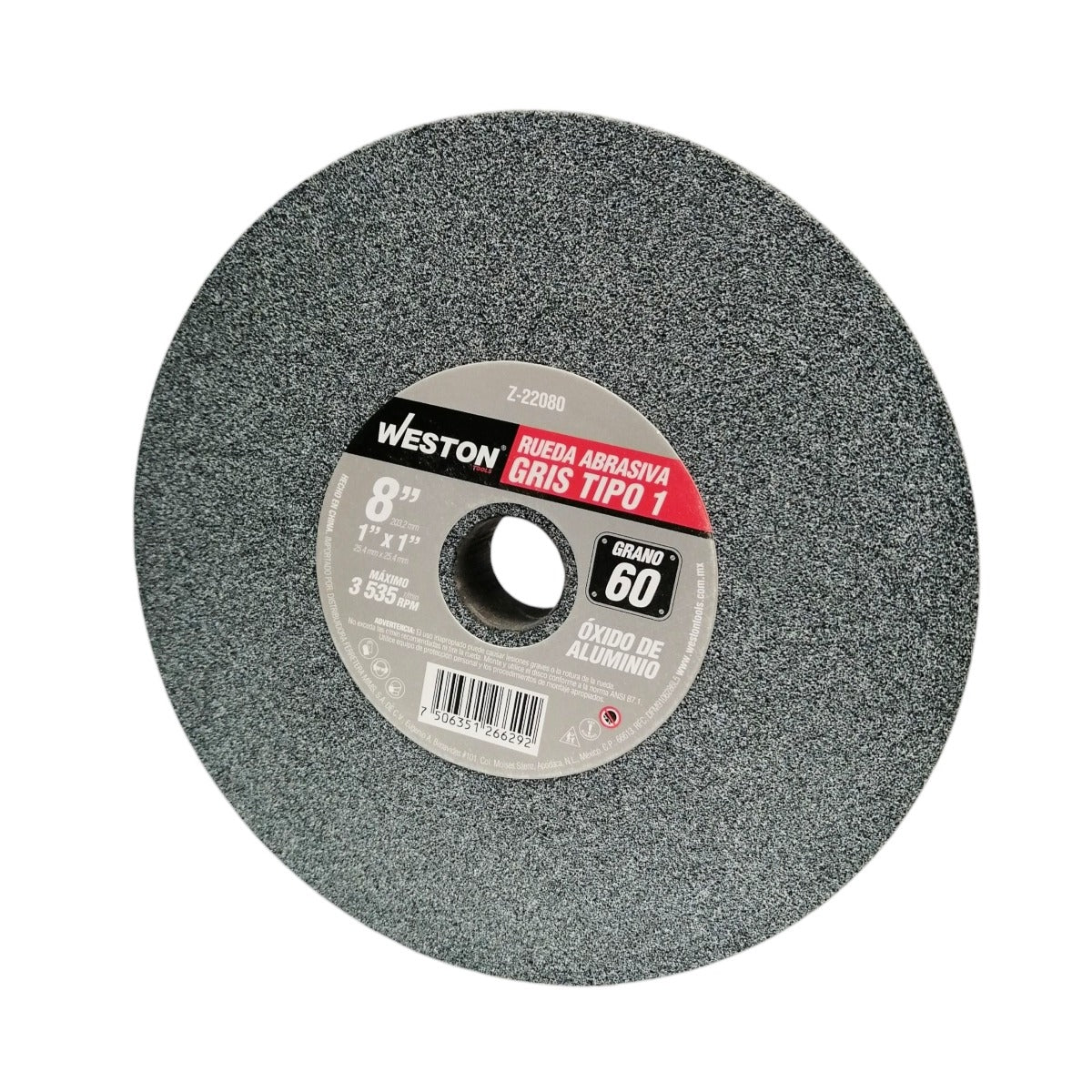 Rueda abrasiva gris 8" x 1" x 1" Grano 60 ideal para desbaste, afilado y usos generales.