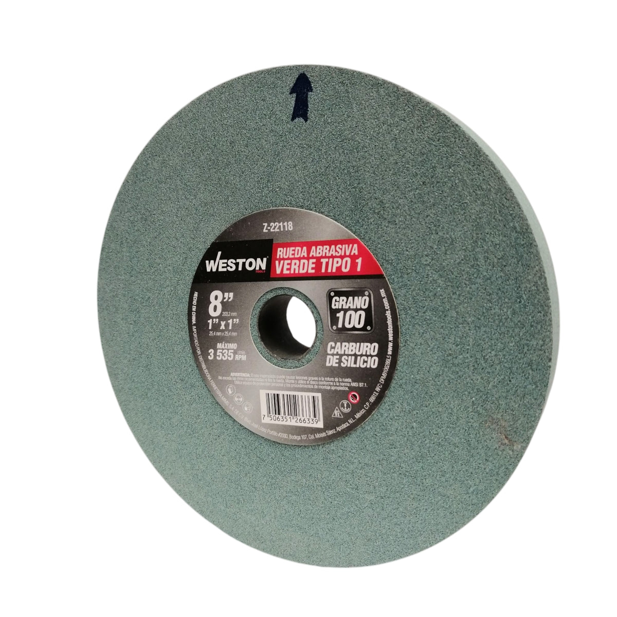 Rueda abrasiva verde 8" x 1" x 1" Grano 100, ideal para afilado y desbaste. 