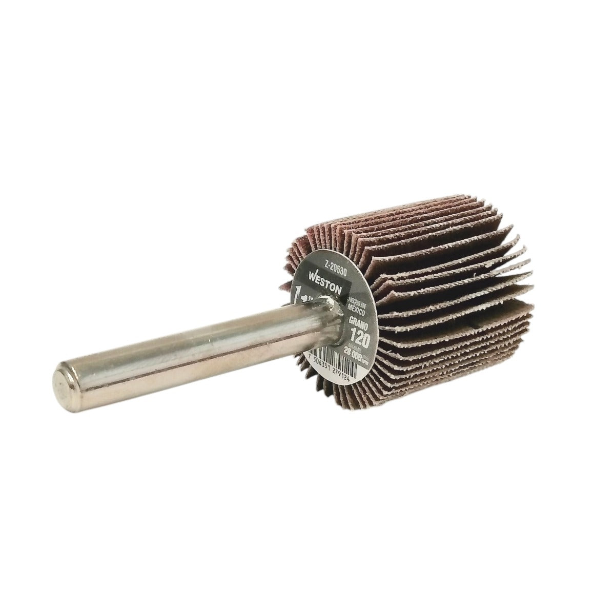 Rueda flap con vástago grano 120 1" Para uso en acero, acero inoxidable, madera, pintura, barniz, plástico y fundición. Abrasivo