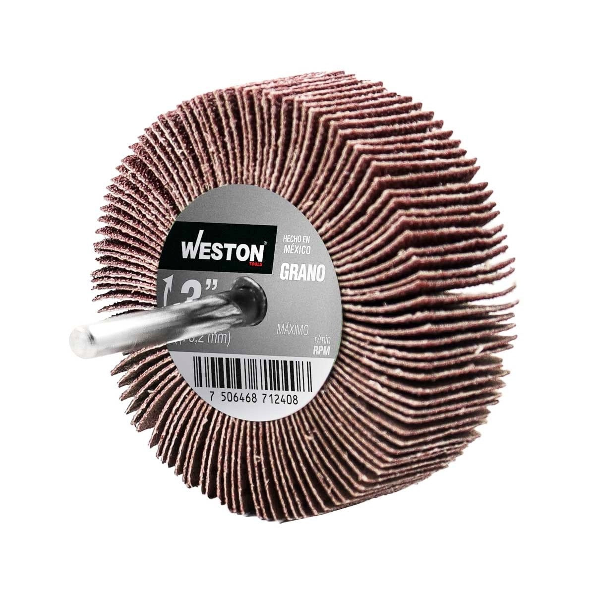 Rueda flap grano 120 3" Para uso en acero, acero inoxidable, madera, pintura, barniz, plástico y fundición. Abrasivo