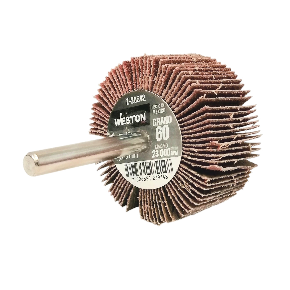 Rueda flap con vástago grano 60 2" Para uso en acero, acero inoxidable, madera, pintura, barniz, plástico y fundición. Abrasivo