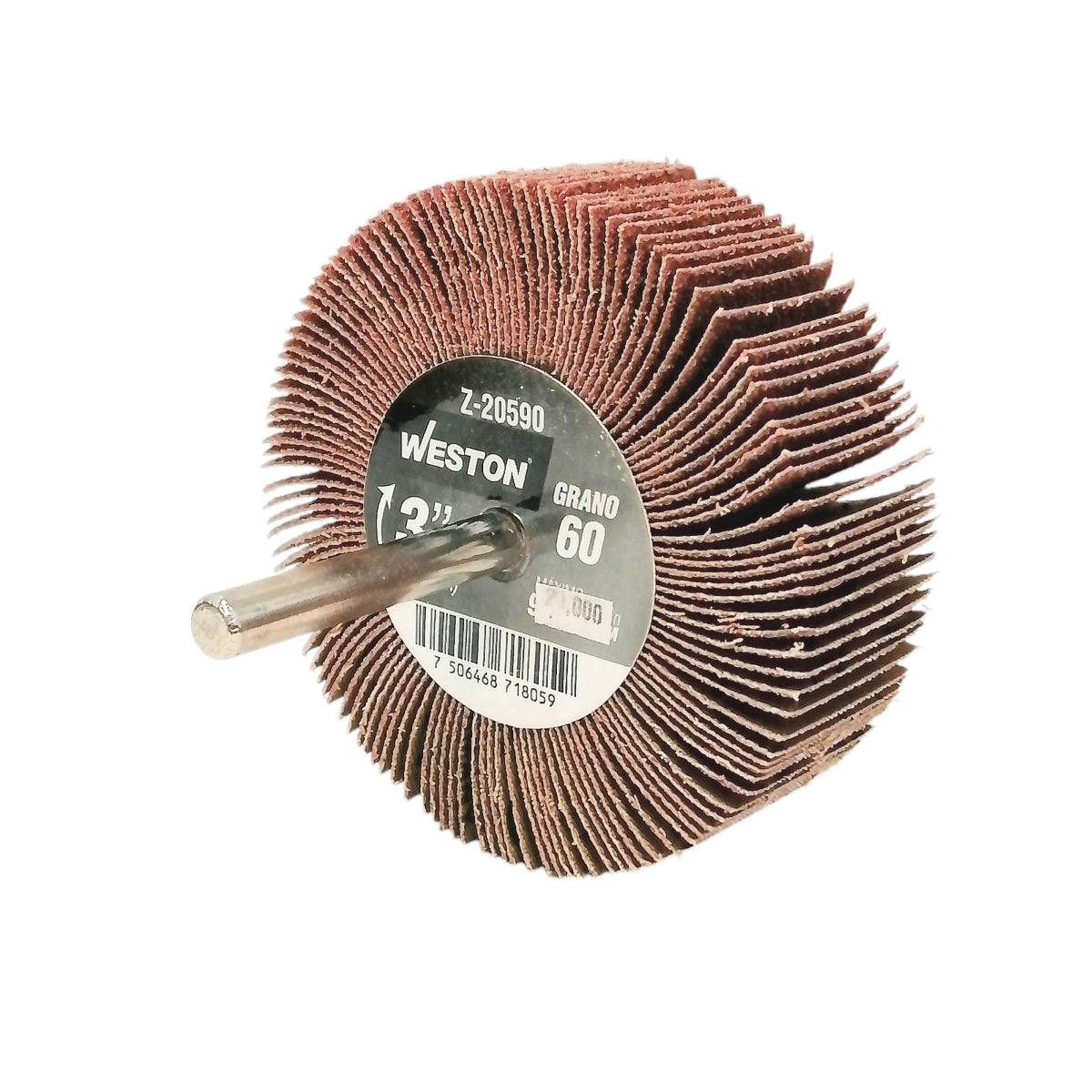 Rueda flap es un abrasivo con vástago 1/4" y grano 80 2" ideal para uso en acero, acero inoxidable, madera, pintura, barniz, plástico y fundición.