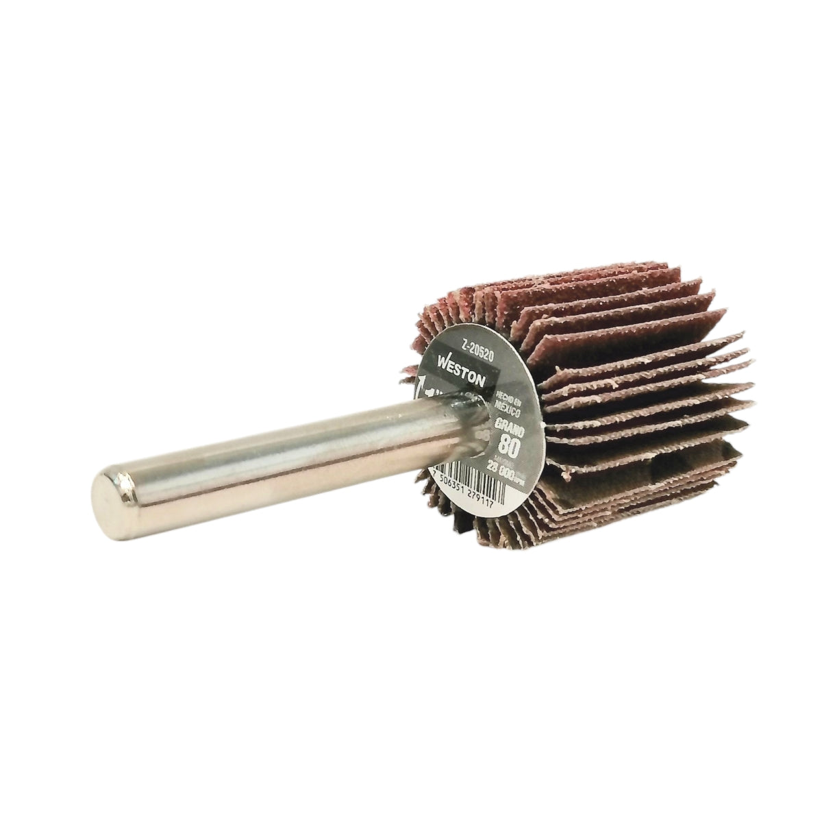 Rueda flap con grano 80 y vástago 1/4" de 1", es un abrasivo ideal para acero, acero inoxidable, madera, pintura, barniz, plástico y fundición.